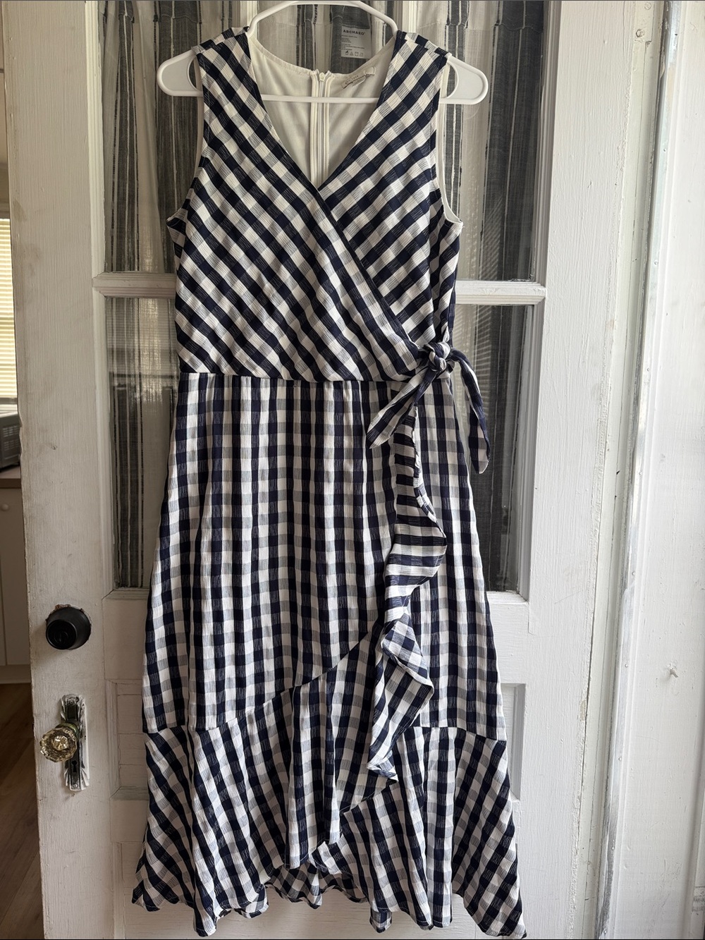 Sleeveless Navy and White Gingham Wrap Midi Dress